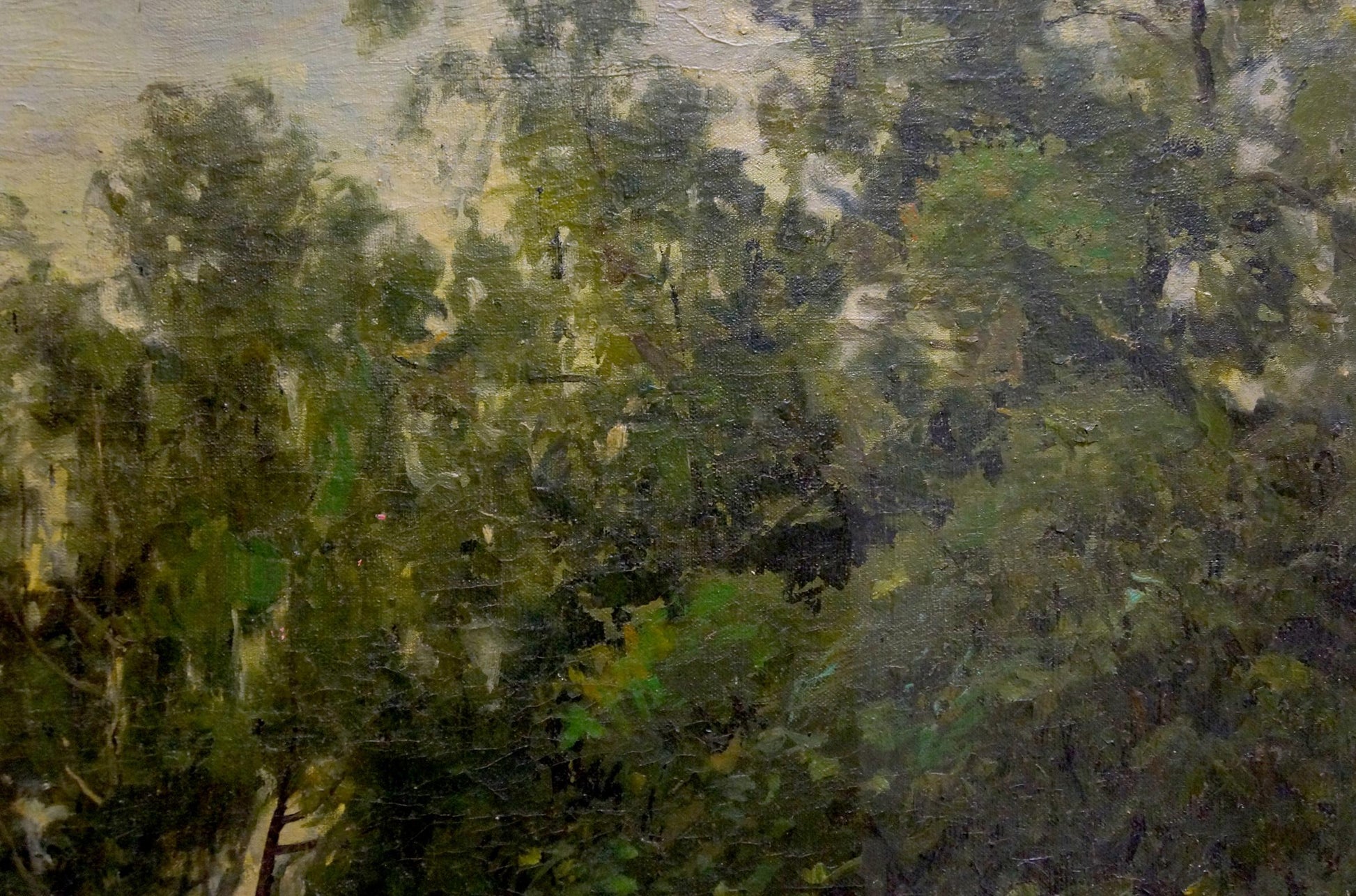 Oil painting Swamp: textured dense forest in layered greens and earthy tones