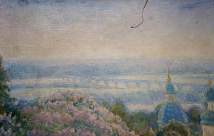 Oil painting by Odarka Anatoliivna Tytarenko: Monastery with blue domes, pink blossoms
