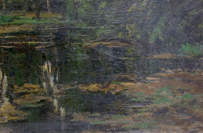 Oil painting Swamp: serene pond with lily pads and tree reflections