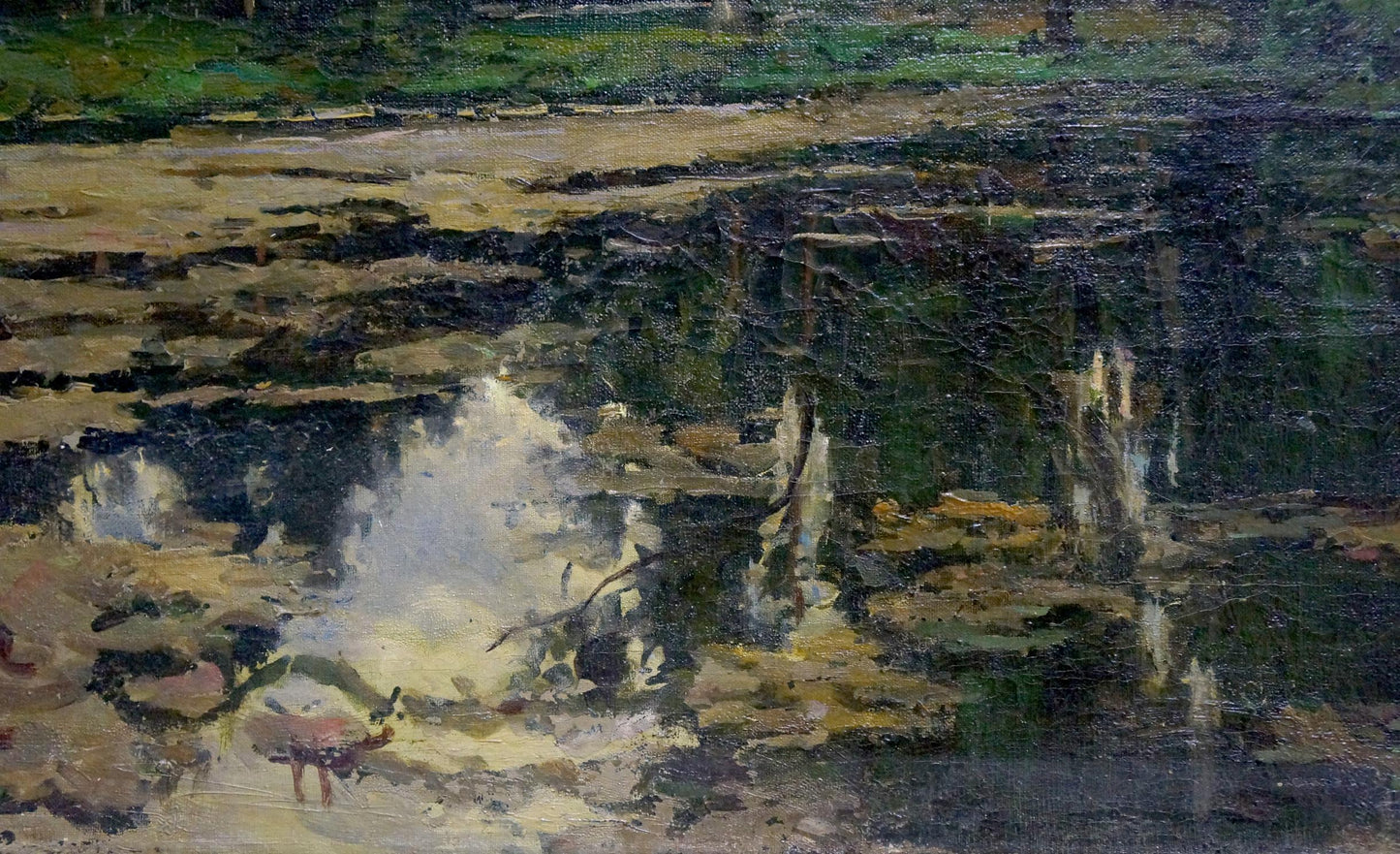Oil painting Swamp: textured river scene with dark green tones and white water splashes