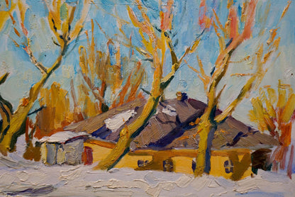 Oil painting Winter landscape Sulimenko Petr Stepanovich yellow house trees