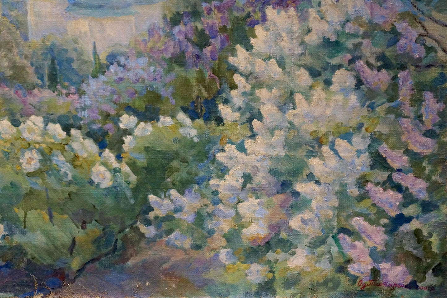 Oil painting by Odarka Anatoliivna Tytarenko: lush lilac garden