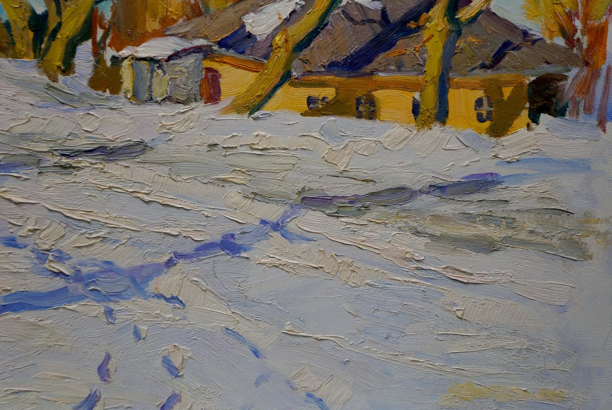 Sulimenko Petr Stepanovich oil painting of snowy landscape with yellow buildings