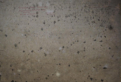 Back of weathered gray canvas by Tytarenko Odarka Anatoliivna, faded Cyrillic text