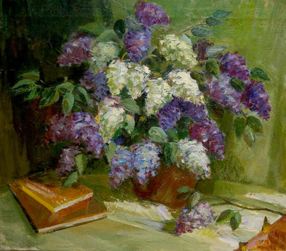 Oil painting of lilacs in terracotta pot with notebooks