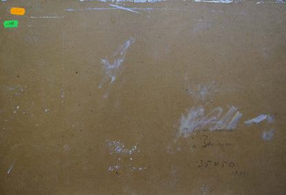 Back of beige canvas oil painting Winter landscape by Sulimenko Petr Stepanovich with faint white splatters and signature