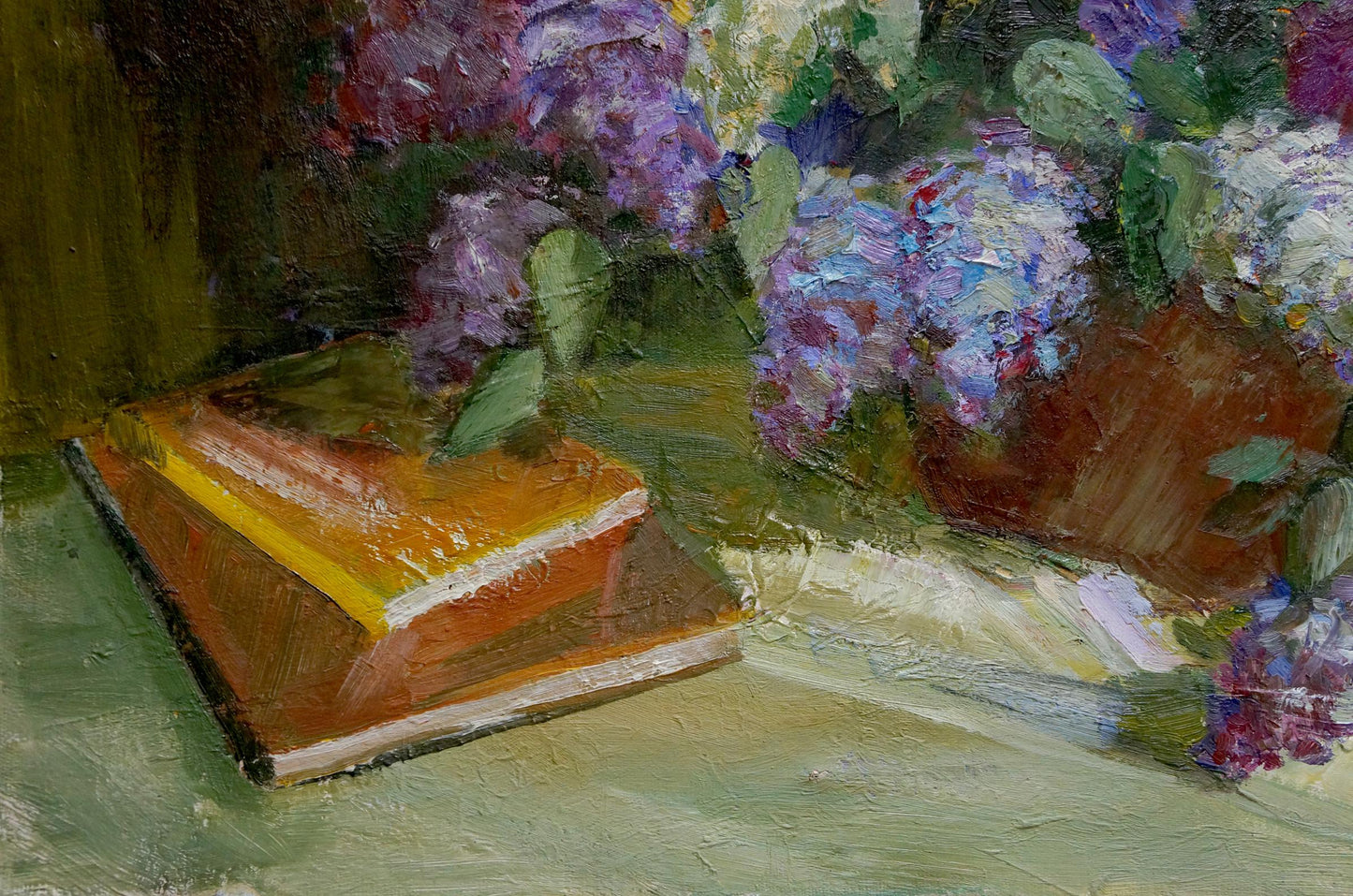 Oil painting of vibrant purple lilac bouquet in terracotta pot
