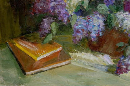 Oil painting of vibrant purple lilac bouquet in terracotta pot