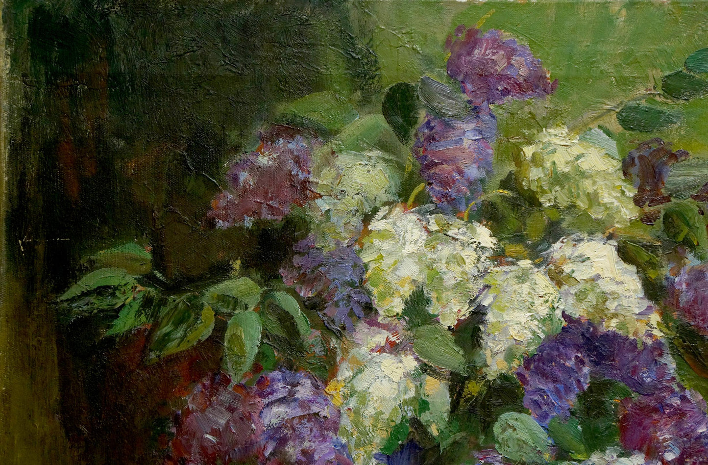 Oil painting of lilac blossoms and notebooks by unknown artist