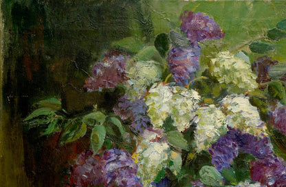 Oil painting of lilac blossoms and notebooks by unknown artist