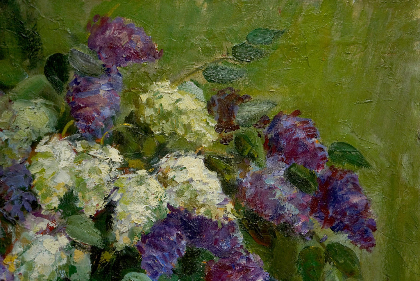 Vibrant oil painting of lilac blossoms and notebooks by unknown artist