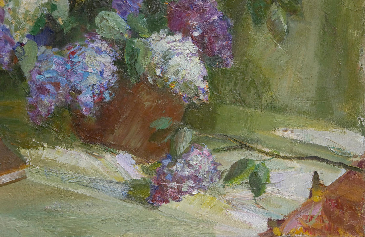 Oil painting of terracotta pot with purple and white hydrangeas