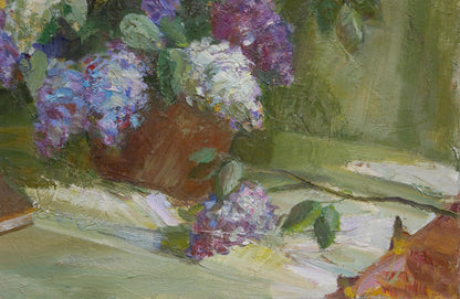 Oil painting of terracotta pot with purple and white hydrangeas