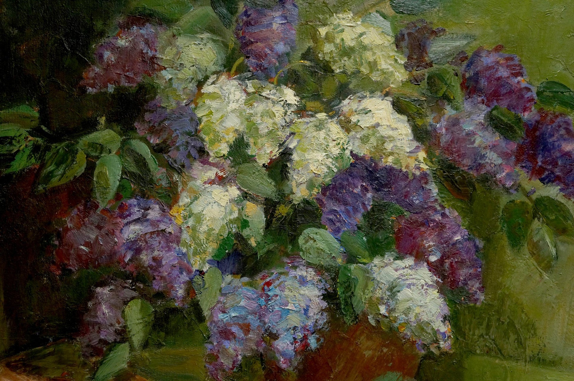 Oil painting of vibrant lilac bouquet and notebooks by unknown artist
