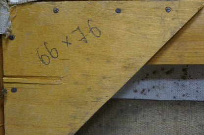 Back of yellow wooden frame with grain and screws for lilacs oil painting