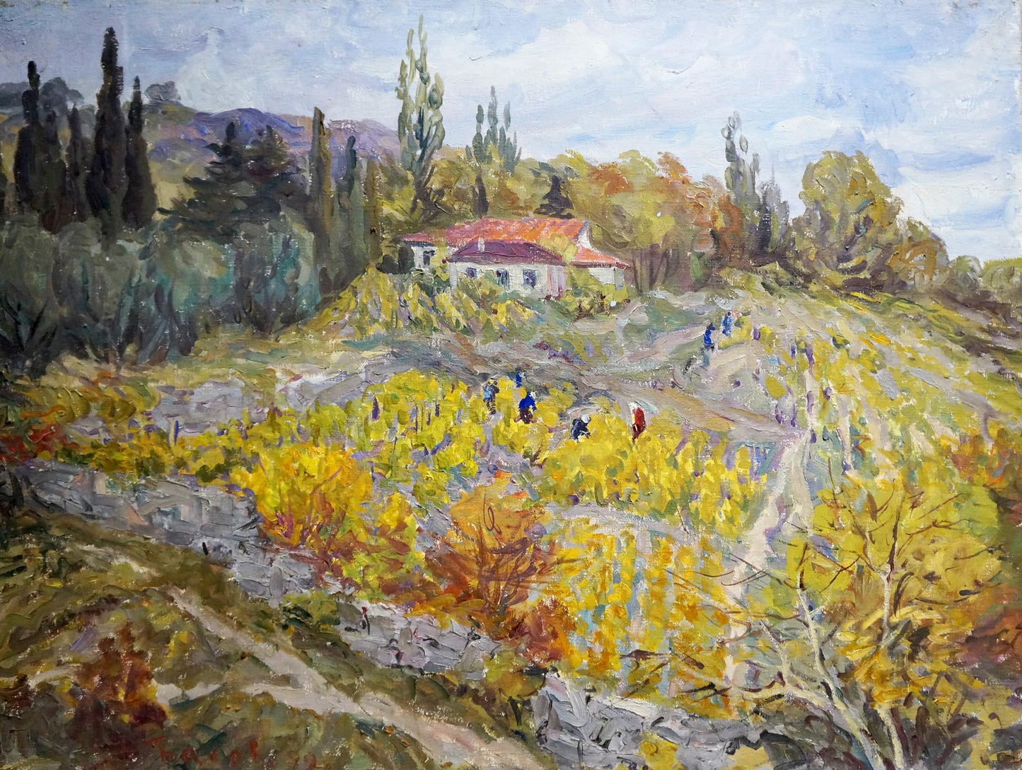 Oil painting by Basov Yakov Alexandrovich of rustic white house with red-tiled roof among autumn trees and hills