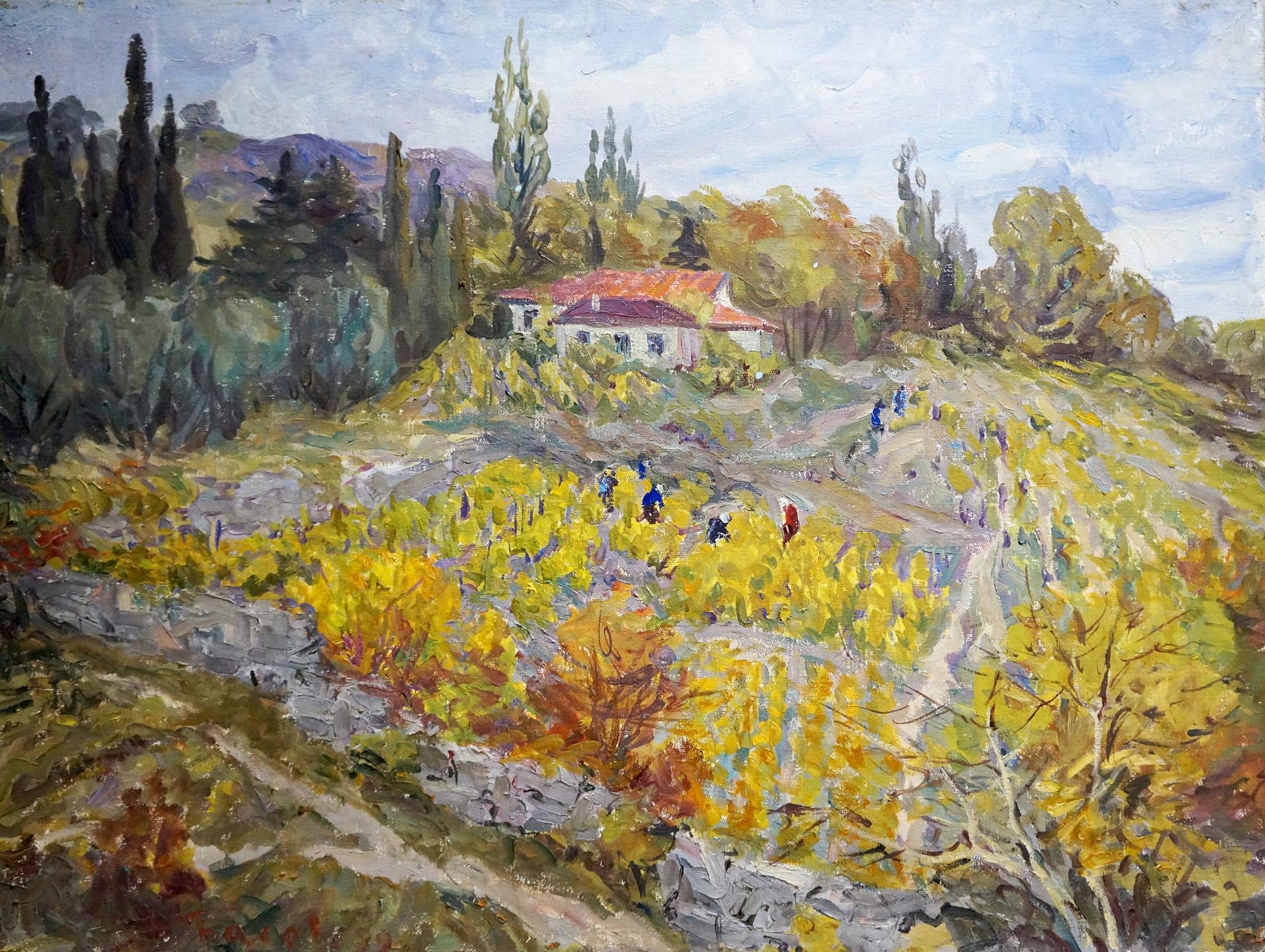 Oil painting by Basov Yakov Alexandrovich of rustic white house with red-tiled roof among autumn trees and hills
