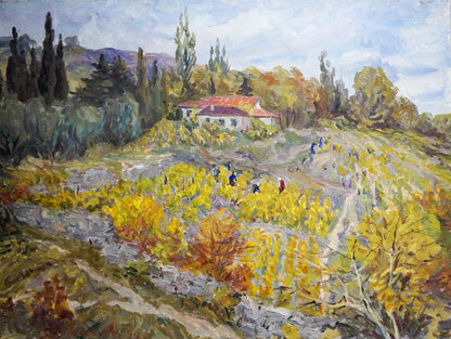 Oil painting by Basov Yakov Alexandrovich of rustic white house with red-tiled roof among autumn trees and hills