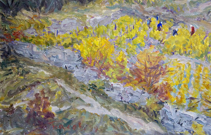 Vibrant impressionist oil painting by Basov Yakov Alexandrovich of sunlit autumn hillside with golden foliage and stone walls