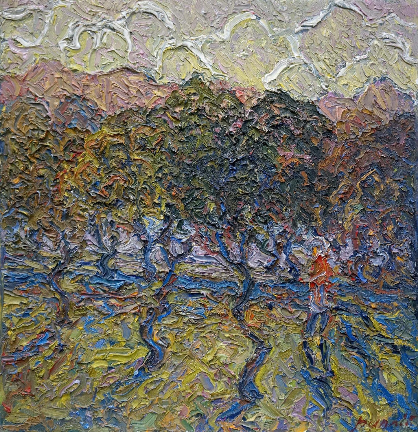 Textured impasto oil painting by Fomin Anatoly Nikiforovich of sunny landscape hills and trees