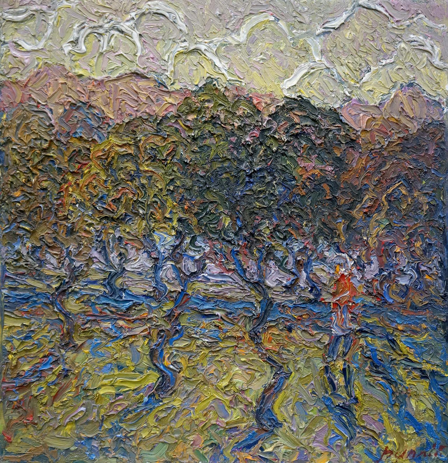 Textured impasto oil painting by Fomin Anatoly Nikiforovich of sunny landscape hills and trees