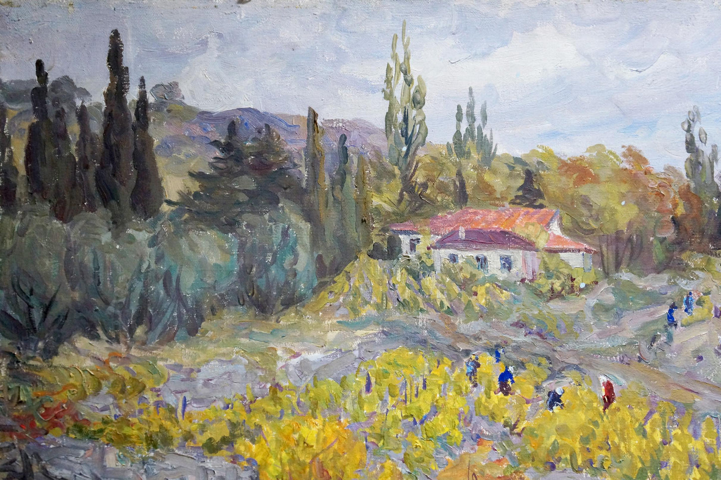 Oil painting by Basov Yakov Alexandrovich of rustic white house with red-tiled roof amid tall trees and yellow foliage