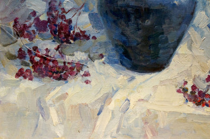 Dark blue ceramic vase on textured surface in Titarenko Maria Anatolyevna oil painting