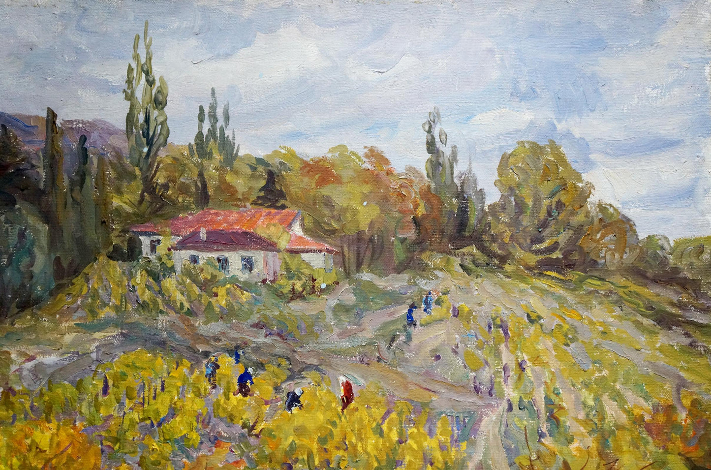 Oil painting by Basov Yakov Alexandrovich of white house amid autumn vineyards