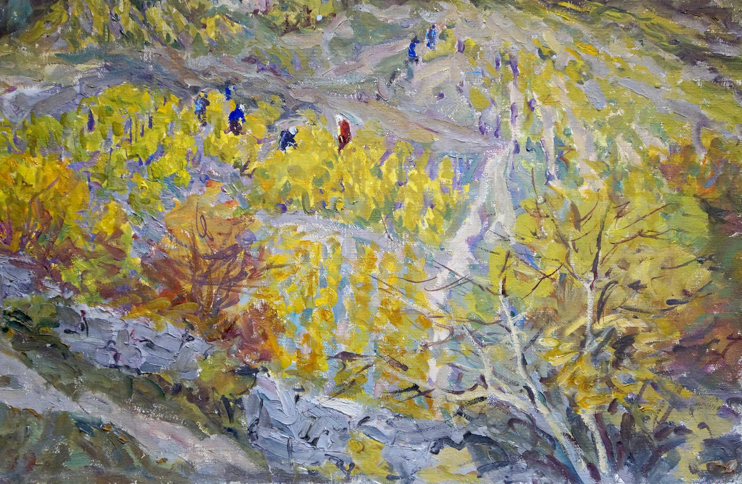 Vibrant impressionist oil painting by Basov Yakov Alexandrovich of autumn path through trees