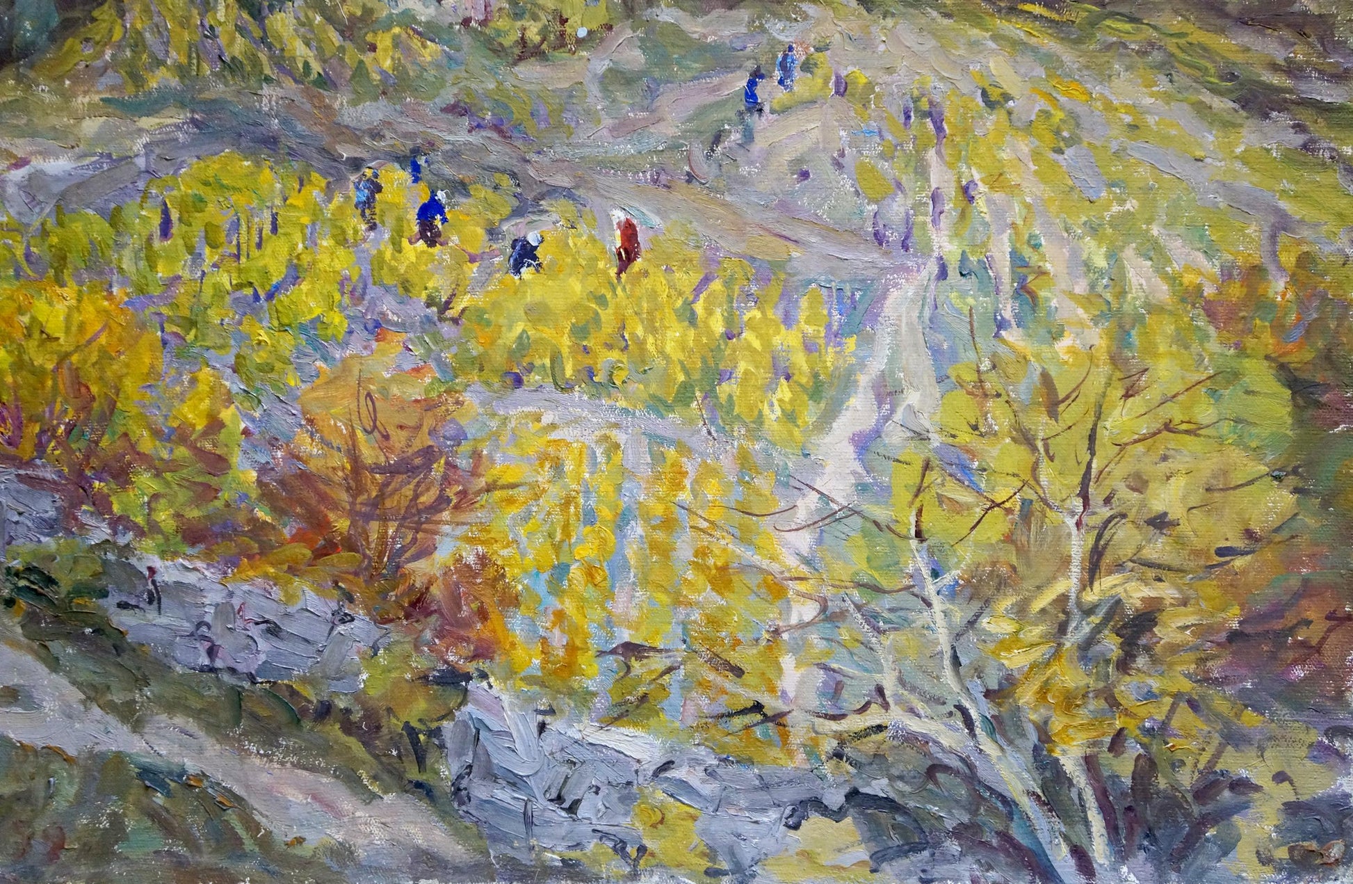 Vibrant impressionist oil painting by Basov Yakov Alexandrovich of autumn path through trees
