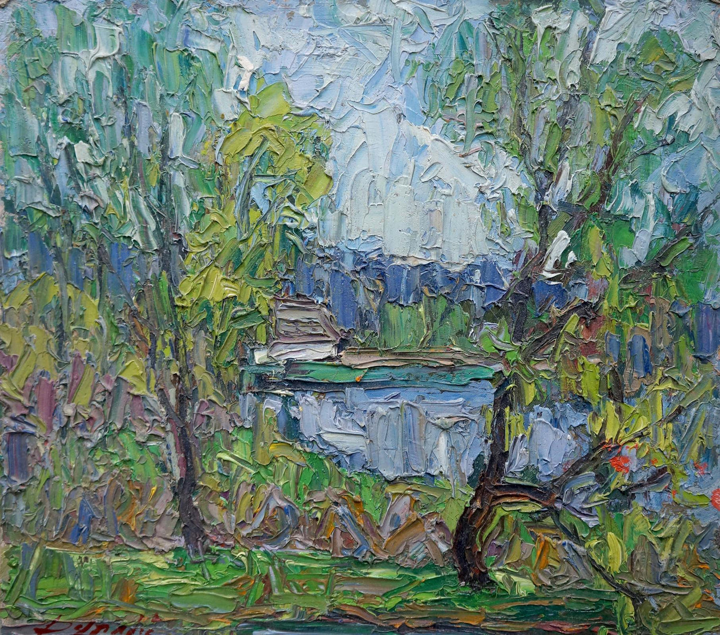 Abstract impasto oil painting of house by shore in lush green landscape by Dupliy Sergey Alexandrovich