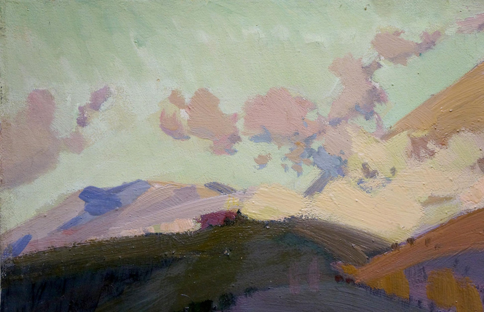 Soft pastel oil painting by Golubev Vasily Ivanovich: rolling hills under dreamy pink blue clouds