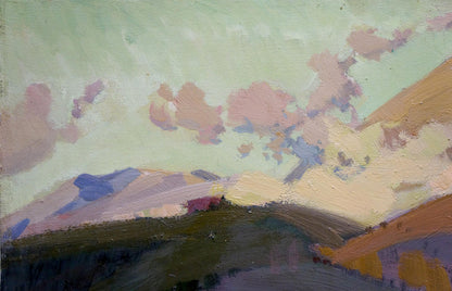 Soft pastel oil painting by Golubev Vasily Ivanovich: rolling hills under dreamy pink blue clouds