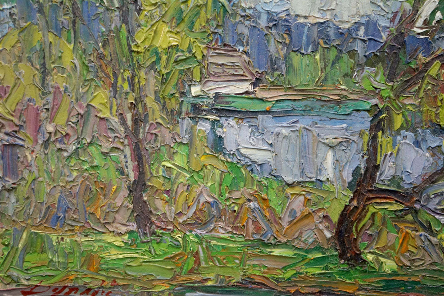 Abstract impressionistic oil painting of rustic house by the shore by Dupliy Sergey Alexandrovich