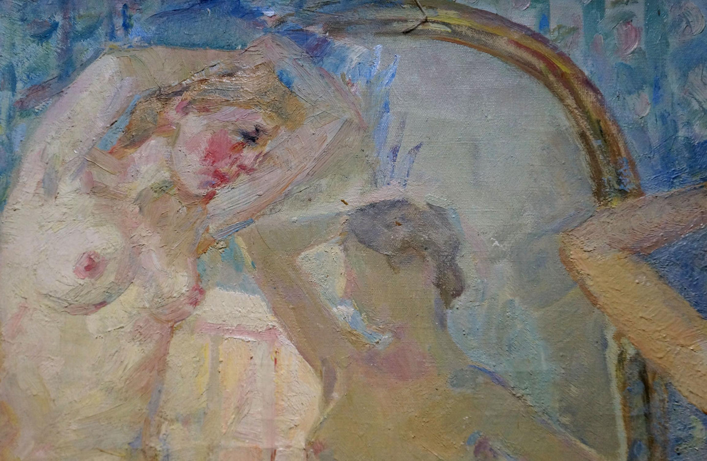 Impressionistic oil painting of female figure at mirror by Maria Titarenko