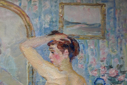 Oil painting of female figures at mirror by Maria Titarenko, woman with reddish-brown hair in pastels on blue floral wallpaper