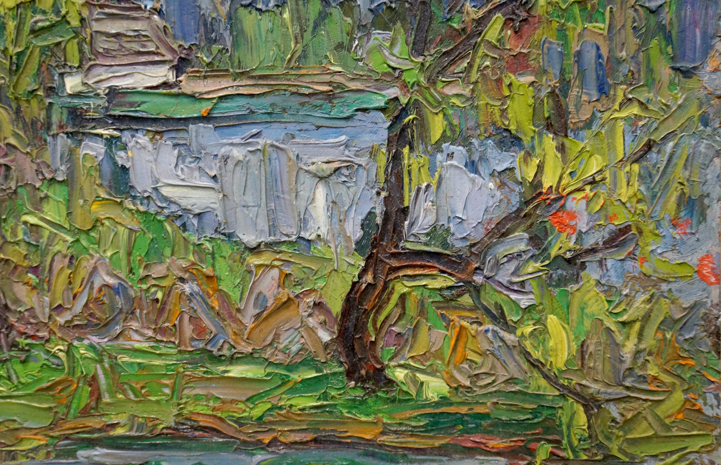 Textured impressionist tree painting in greens and browns by Dupliy Sergey Alexandrovich