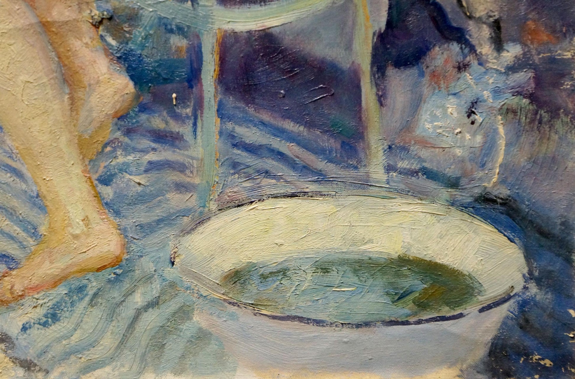 Oil painting Undraped girls at the mirror by Maria Titarenko with white bowl and green liquid