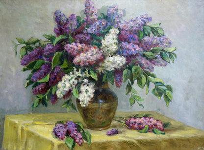Oil painting of lush purple and white lilac bouquet in ornate golden vase by Krasnov N.G