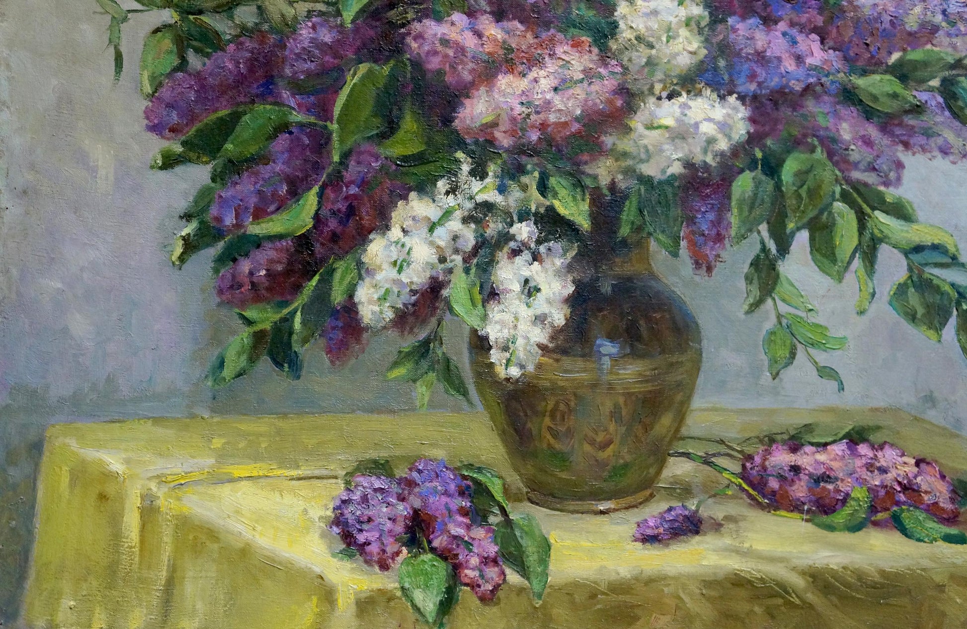 Oil painting of lilac bouquet by Krasnov N.G. in bronze vase on yellow cloth