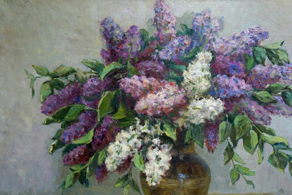 Oil painting of lilac bouquet by Krasnov N.G. in rustic vase
