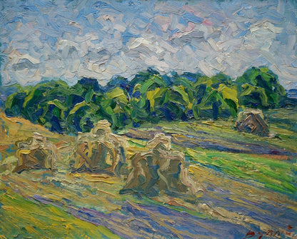 Abstract impressionistic oil painting of haystacks by Sergey Dupliy