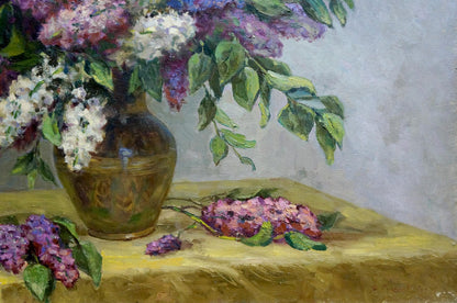 Oil painting of lilac bouquet by Krasnov N.G. in golden vase