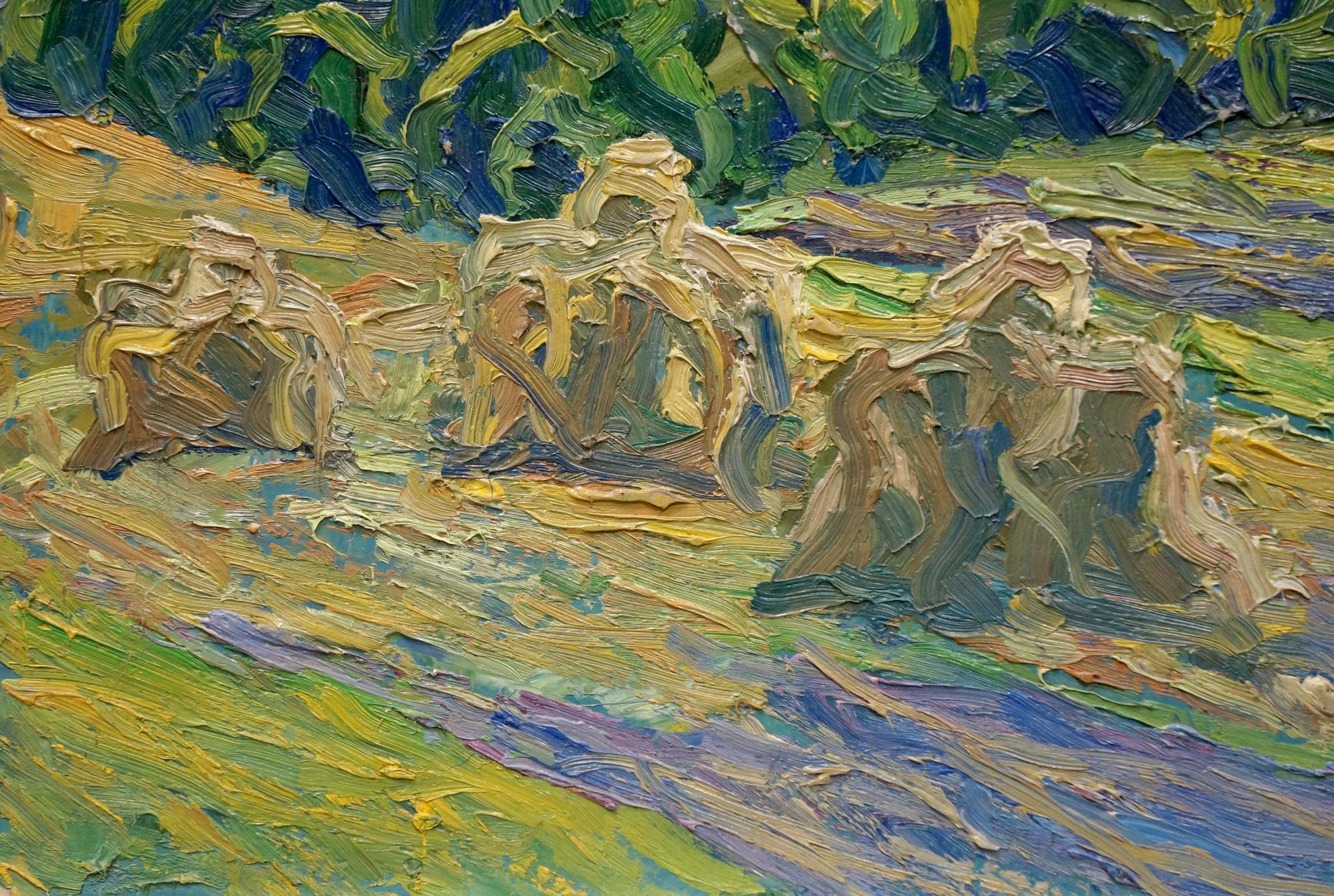 Vibrant impressionist haystacks oil painting by Sergey Dupliy