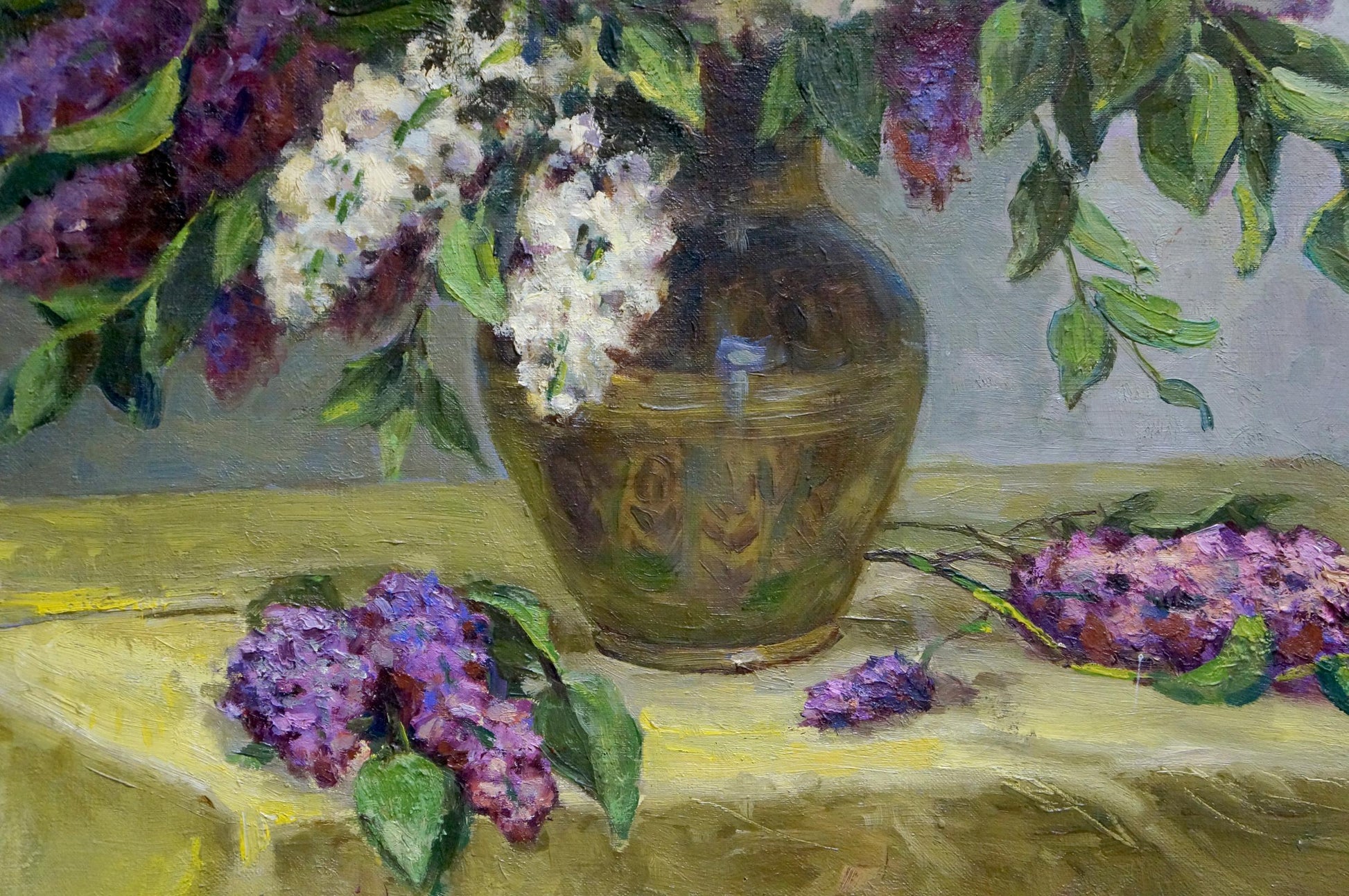 Oil painting of lilac bouquet in golden vase by Krasnov N.G