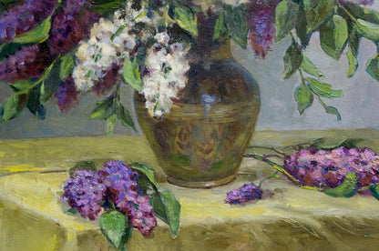 Oil painting of lilac bouquet in golden vase by Krasnov N.G