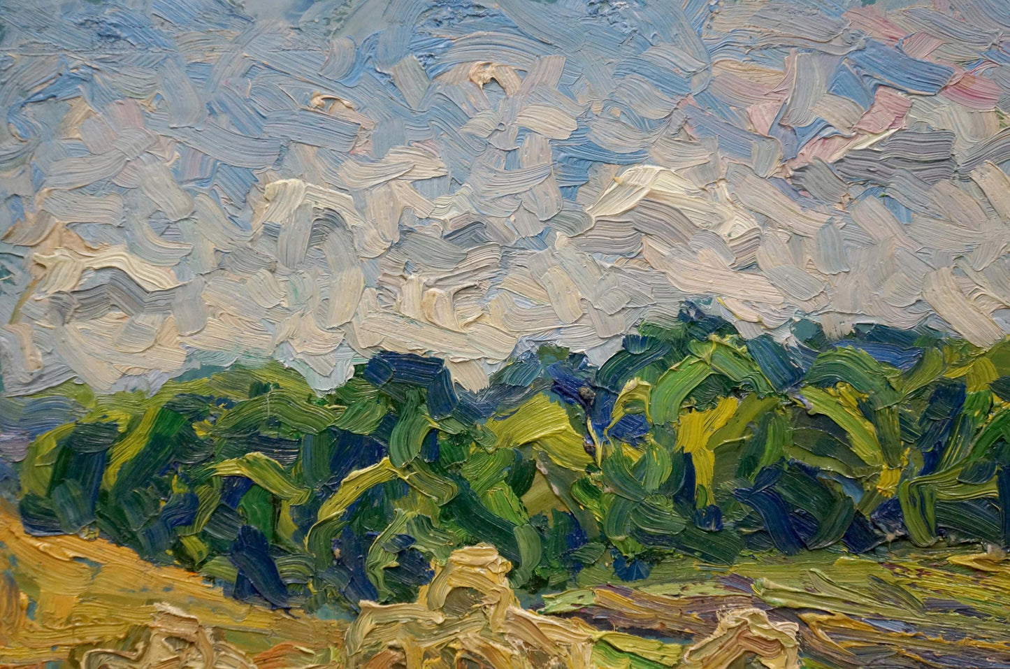 Abstract oil painting Haystacks by Sergey Dupliy: vibrant green landscape under dynamic sky