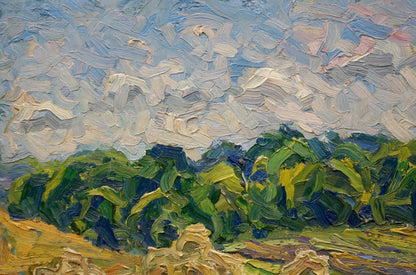 Abstract oil painting Haystacks by Sergey Dupliy: vibrant green landscape under dynamic sky