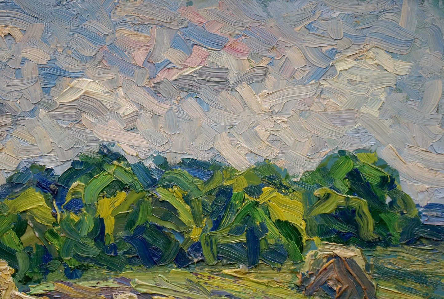 Abstract impasto oil painting Haystacks by Sergey Dupliy with textured blues