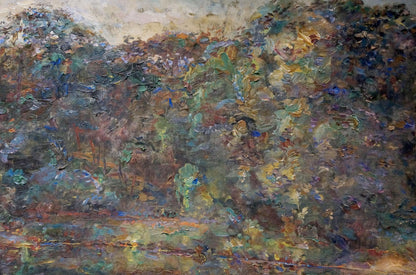 Impressionistic oil painting of dense forest at dusk by Titarenko Maria Anatolyevna